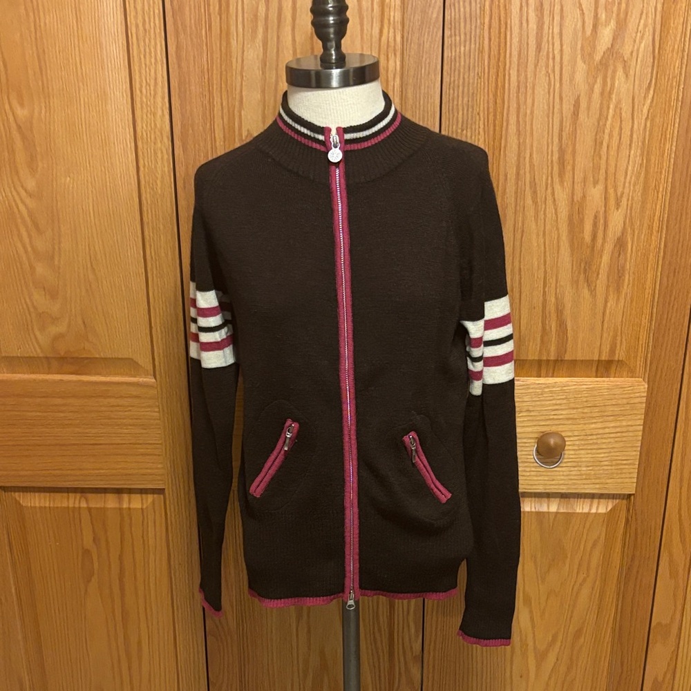 100% wool Women’s Brown Zip-Front Knit Cardigan with Pink Trim
